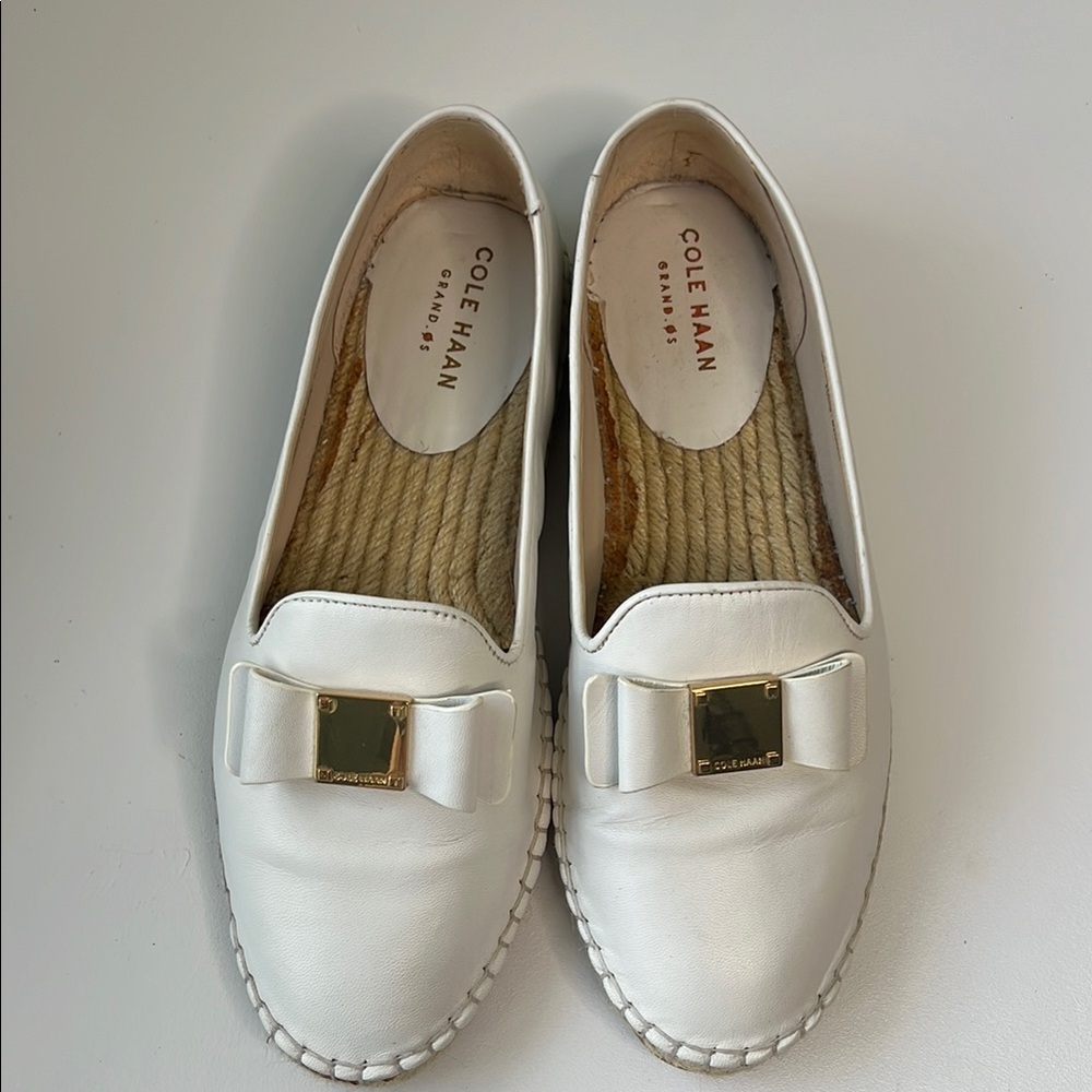 Cole Haan Tali White Flats with Gold Accent on Bow